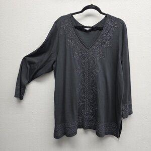 J Jill Shirt Womens 2X Gray Embroidered V Neck 3/4 Sleeve Tunic Top Boho Plus